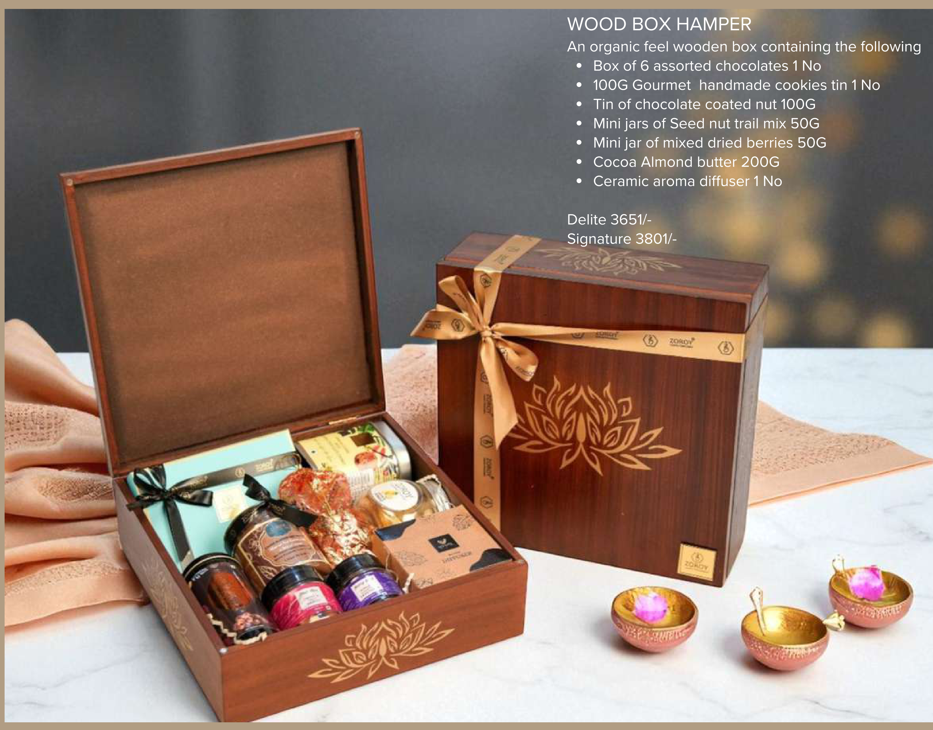 Wooden Box Hamper with Assorted Delicacies and Aroma Diffuser